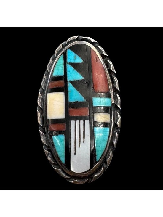 John & Rosalie Bowannie Jewelry - Zuni Sterling Silver Inlay Ring Signed J.R.B. Size 6.75 Bowannie Vintage 1970s
